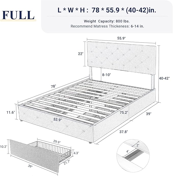 Allewie Upholstered Full Size Platform Bed Frame with 4 Storage Drawers and Headboard, Diamond Stitched Button Tufted, Mattress Foundation with Wooden Slats Support, No Box Spring Needed, Dark Grey