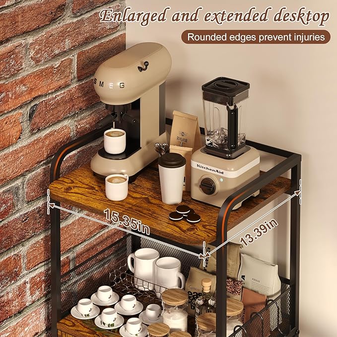 Coffee Cart, 3 Tier Coffee Cabinet with Storage, Small Coffee Station with 2 Doors, Movable Bar Cart with 4 Casters for Home Kitchen, Dining Room, Living Room (Rustic Brown) (Small)