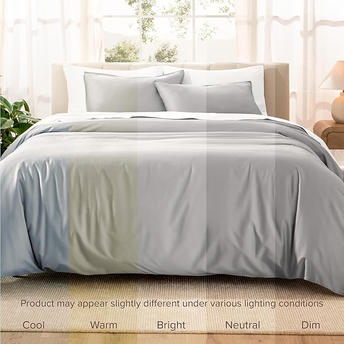 Bare Home 100% Organic Cotton Sateen Duvet Cover Set - 400 Thread Count - Smooth Sateen Weave - Warm & Luxurious - Duvet Cover (King/Cal King, Light Grey)