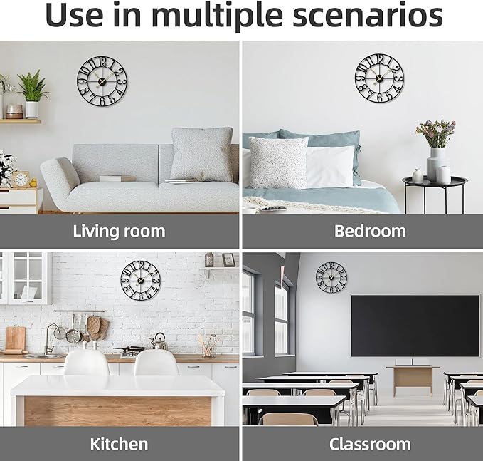 Wall Clock Battery Operated,Silent Non Ticking Modern Rustic Metal Small Clocks for Living Room/Bedroom/Office/Kitchen/Farmhouse Home Decor-14IN(Arabic Number-Black)