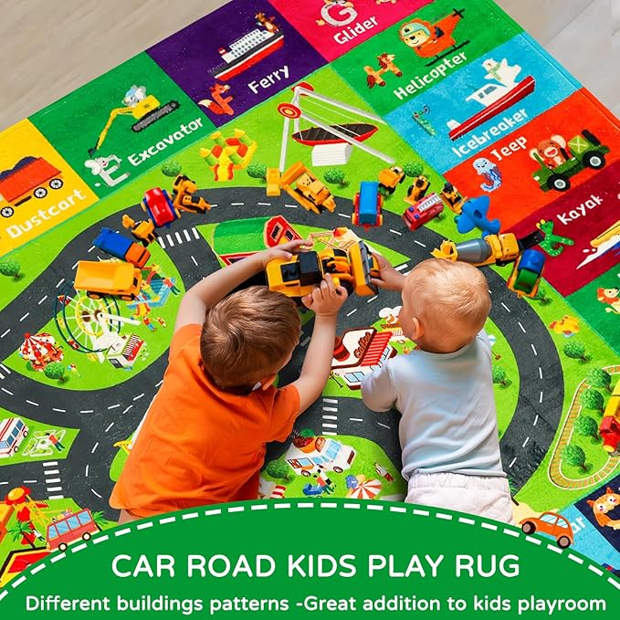 Kids Rugs Traffic Road Carpet Play Rug 118"×78.7" for Playroom Transportation ABC Educational Mat Alphabet Area Rug, Kid Playtime Collection Toddler Car Track Rug Cute Cartoon Animal Letters