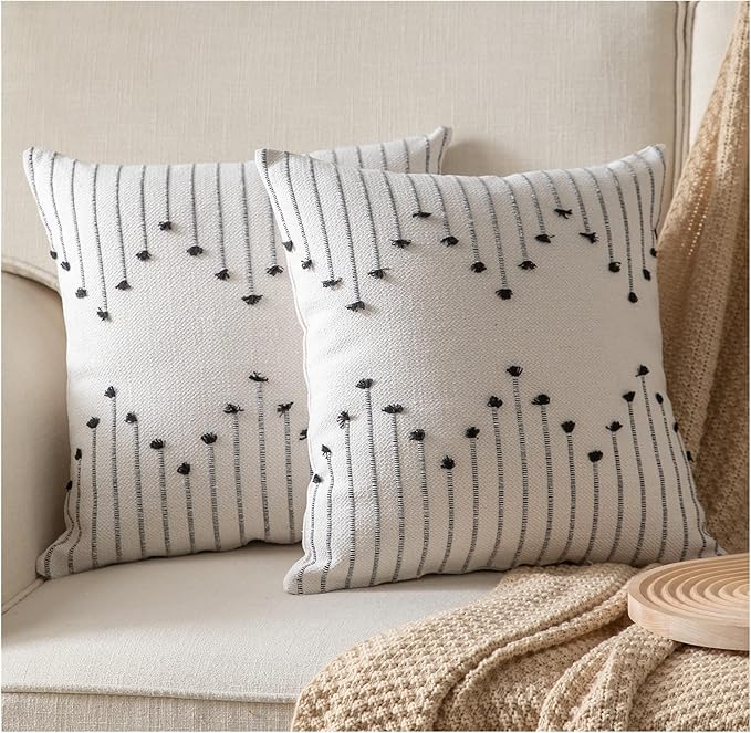 Caflife Boho Throw Pillow Covers 18x18 Set of 2 Decorative Pillows for Bed, Neutral Pillow Covers Beige with Black Line Throw Pillows for Modern Farmhouse Couch Sofa Living Room Outdoor