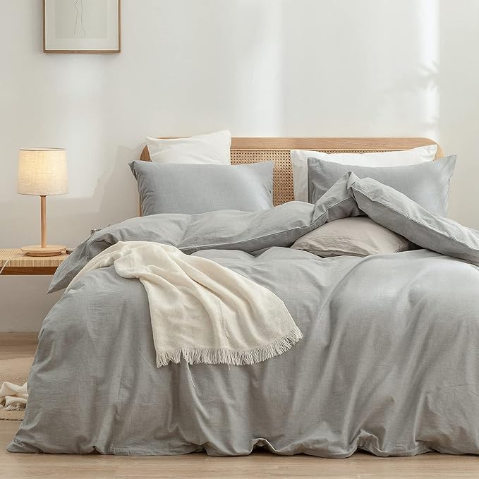 BESTOUCH Duvet Cover Set 100% Washed Cotton Linen Feel Super Soft Comfortable Chic Lightweight 3 PCs Home Bedding Set Solid Light Grey Queen