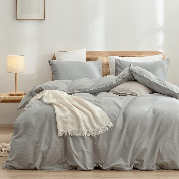 BESTOUCH Duvet Cover Set 100% Washed Cotton Linen Feel Super Soft Comfortable Chic Lightweight 3 PCs Home Bedding Set Solid Light Grey King