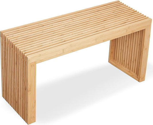 Bamboo Natural 36 inch Wooden Bench, Small Wood Benches for Entryway, Living & Dining Room, Kitchen, Bedroom, Bathroom, Hallway, Front Door, For Indoor & Outdoor Patio Use, Mid Century Modern Decor