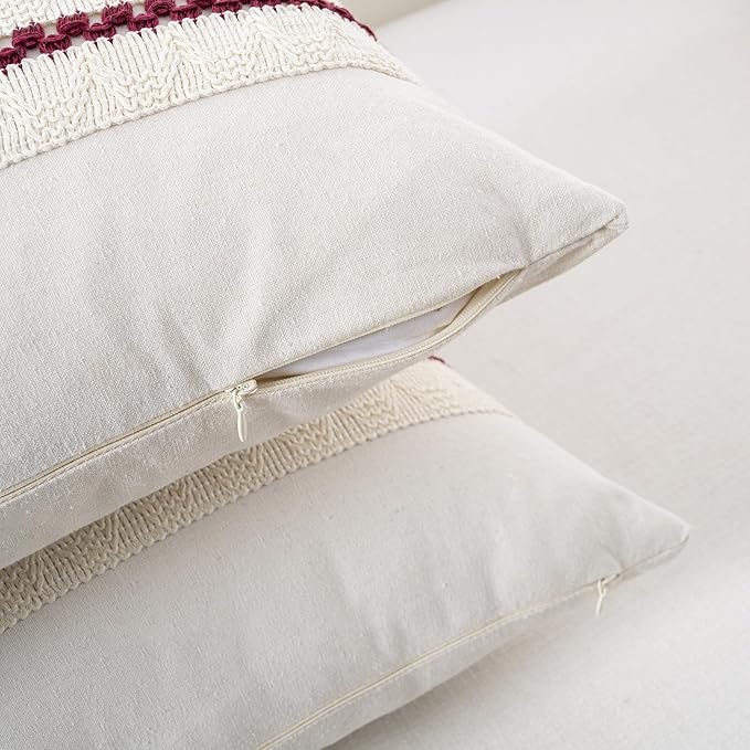 Fancy Homi Set of 2 Burgundy Boho Decorative Throw Pillow Covers 16x16 Inch for Couch Bed Sofa, Aesthetic Modern Farmhouse Christmas Room Decor, Soft Cotton Cute Textured Wind Red Cushion Case