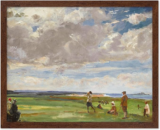 Poster Master Vintage Lady Astor Playing Golf at North Berwick Painting Poster - Retro Golf Course Print - Golf Art - Sports Art - Landscape Art - Office or Living Room Decor, 11x14 Brown Framed