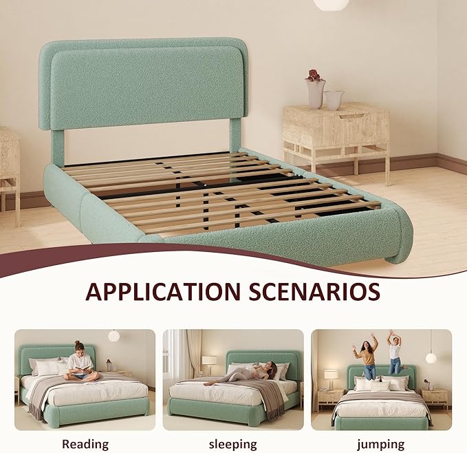 Queen Boucle Platform Bed Frame with Height Adjustable Headboard, Modern Upholstered Cloud Bed, Sleek Curved Design, No Box Spring Needed, Easy Assembly, Noise Free, Green