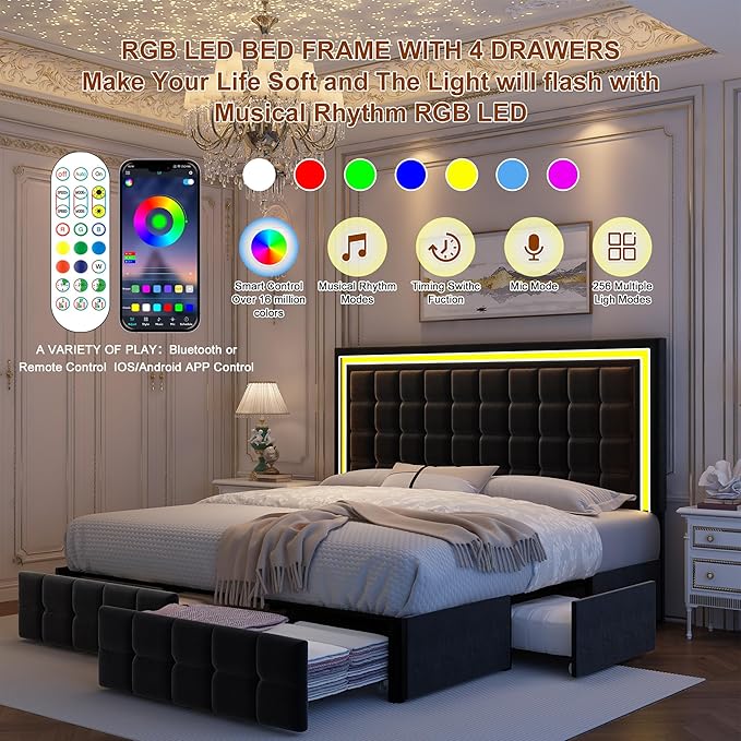 Queen Bed Frame with LED Lights & Storage Drawers, No Box Spring Needed, Heavy Duty 900lbs Weight Capacity, Easy Assembly, Modern Upholstered Platform Bed, Velvet Black