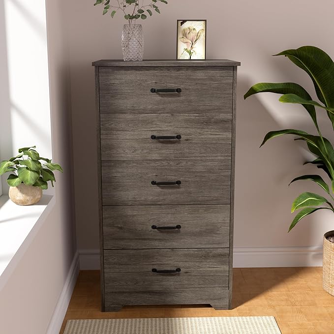 Farmhouse 5 Drawer Dresser, Small Wooden Chest of Drawers Classic White Dresser for Bedroom Living Room Entryway (Dark Gray, 5 Drawer)