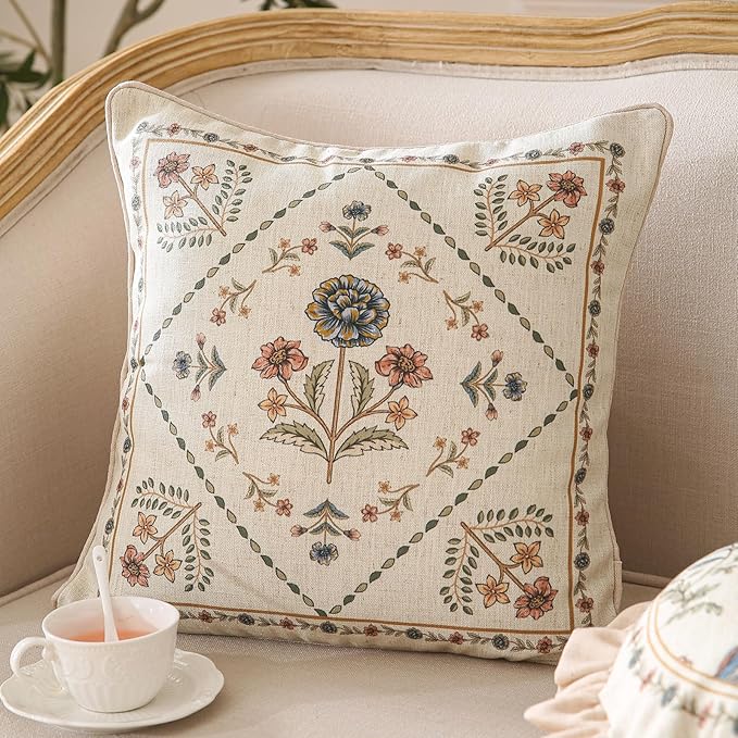 Design Square Floral Linen Throw Pillow Covers 18"x18" Pack of 2, Yellow Pink Flower Pattern Cushion Covers Decor Pillowcases for Bed,Living Room,Outdoor,Car