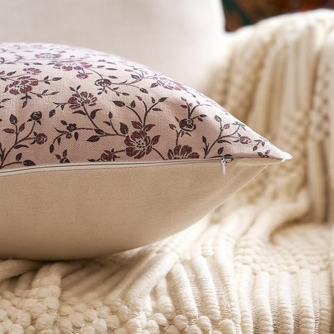 Alerfa Set of 2 Floral Pillow Covers 18x18, Vintage Block Print Throw Pillow Covers Decorative Farmhouse Accent Couch Pillows for Living Room Bedroom, Pompeii Red
