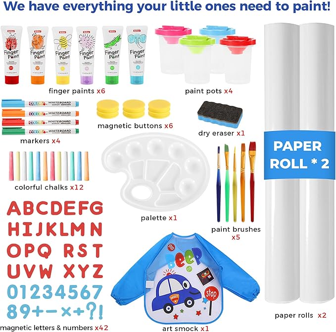 All-in-One Art Easel for Kids, Adjustable Double Sided Wooden Easel for Toddlers with Magnetic Whiteboard & Chalkboard, Paper Roll, Art Supplies, Child Painting Easel for Kid 2-8 Birthday Gift