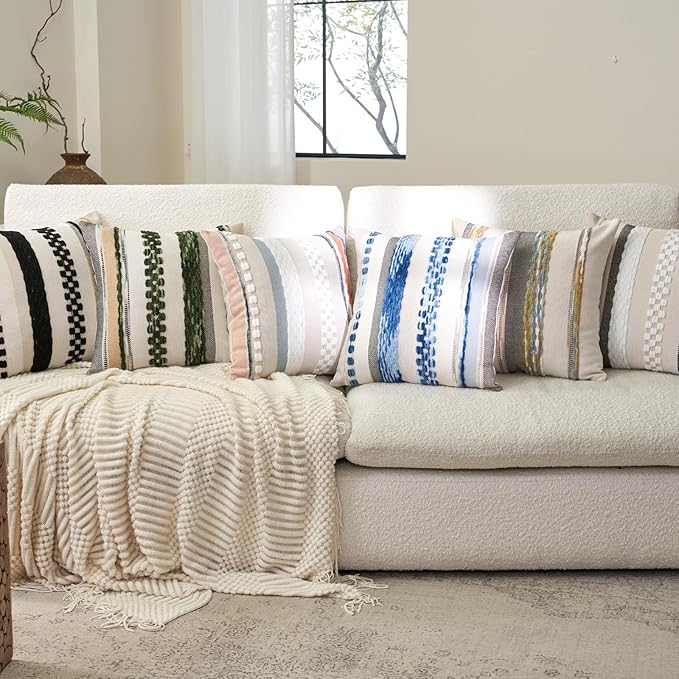 Aeckself Boho Throw Pillow Covers 18x18 Inch Set of 2, Farmhouse Decorative Striped Square Pillow Covers Chenille Tufted Pillow Cases Accent Neutral Pillowcase for Living Room Couch Bed, Dark Green
