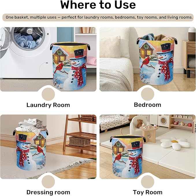 Snowman Cardinal Large Clothes Hamper Bag - Laundry Basket with Handles, Space Saving Foldable Design for Nursery