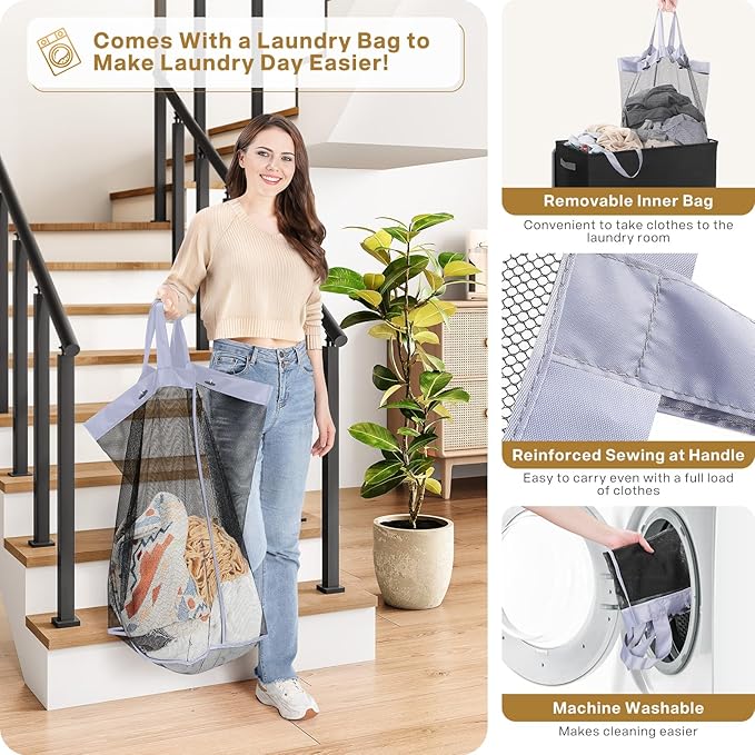 SOLEDI Double Laundry Hamper with Lid and Removable Laundry Bags - Large Dirty Clothes Hamper 2 Section - Collapsible Laundry Baskets for Bedroom, Bathroom, Laundry room, Apartment, Black