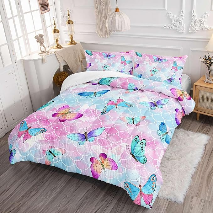 Kids Comforter Set Mermaid Scale Butterfly Printed Pattern Bedding Set with 1 Comforter and 2 Pillowcases for Girls Boys Bedroom All Season(Mermaid Full)