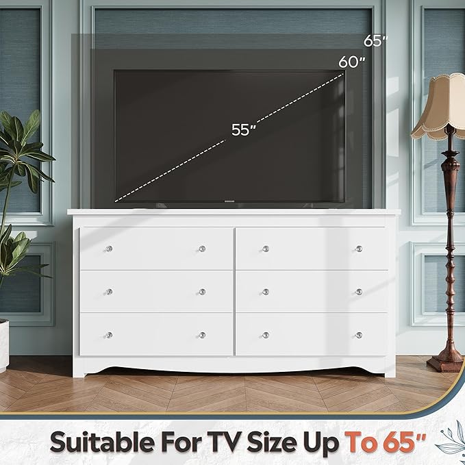 WLIVE White Dresser for Bedroom, 59“ Wide Chest of Drawers with 6 Drawer, Wood Long Nightstand with Drawers, Modern Large Storage Tower Unit, Closet Store Organizer for Living Room, Hallway
