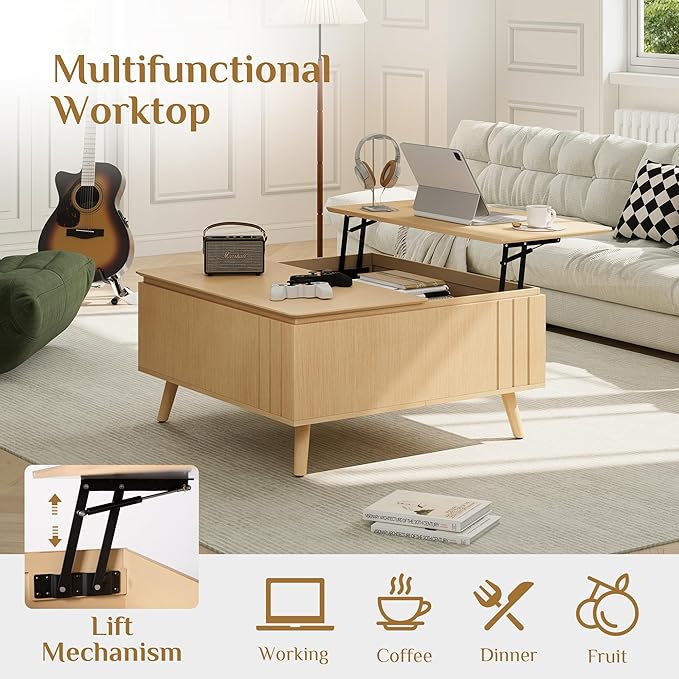 36.2" Lift Top Coffee Table with Storage, Large Square Coffee Tables with Hidden Compartment, Mid Century Modern Center Table for Home Office,Living Room,Oak