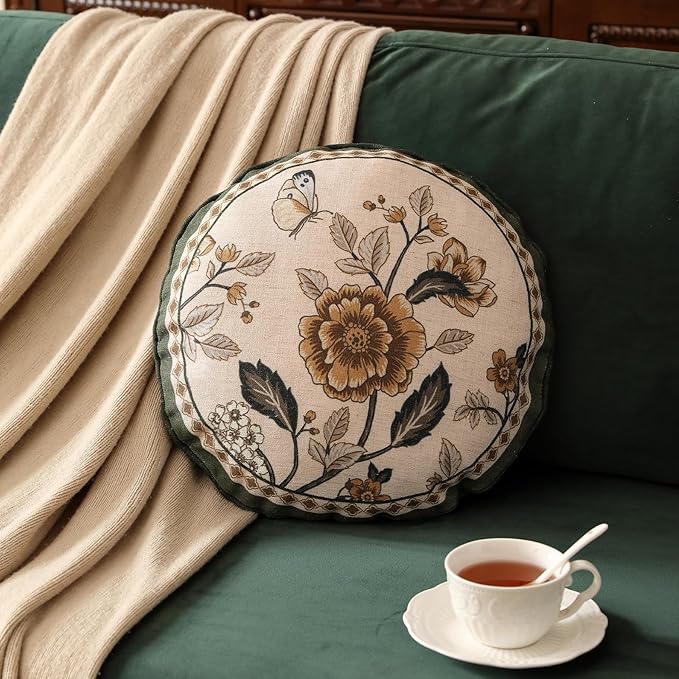 Design Linen Chinoiserie Round Throw Pillow Covers Diameter 16", Farmhouse Cushion Covers with Yellow Floral Birds Pattern Decoration Pillowcases for Bed,Living Room,Outdoor,Car