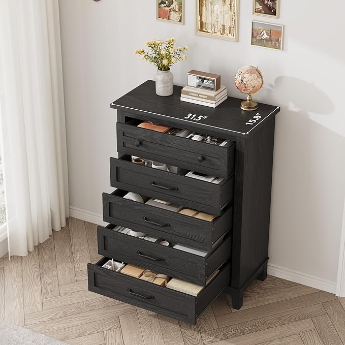 GarveeHome 5 Dresser for Bedroom, 41.3" Tall Vertical Drawer Dresser with Large Storage, Freestanding Wooden Closet Chest for Bedroom, Living Room, Black