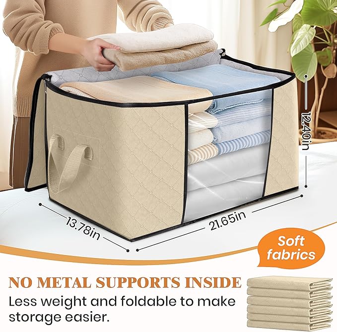 Fab totes 8 Pack Clothes Storage, Foldable Thick Fabric Blanket Storage Bags, Containers for Organizing Bedroom, Closet, Clothing, Comforter,Organization with Handle,Beige