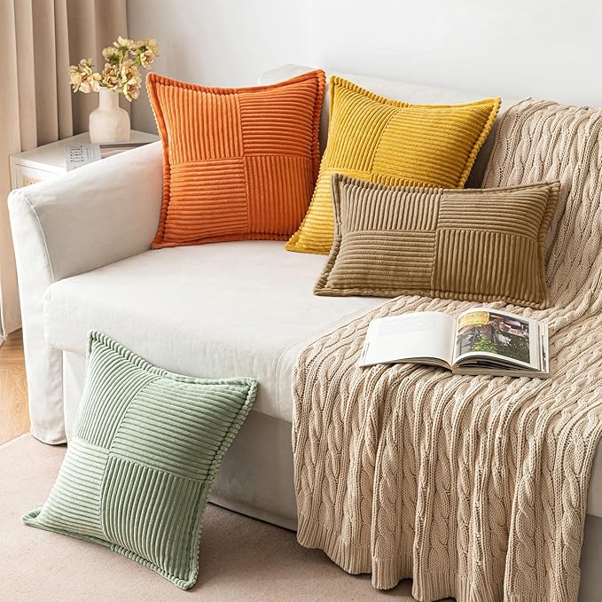 MIULEE Decorative Lumbar Throw Pillow Covers for Couch Bed Livingroom 12x20 Inch Set of 2 Brown Boho Accent Throw Pllows Broadside Striped Patchwork Soft Corduroy Pillowcases