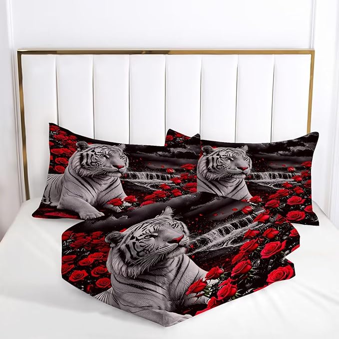 Kids Tiger Comforter Set King Size, White Tiger Wild Animal 3 Pcs Bedding for Kids and Adults Beautiful 3D Red Rose Flower and Tiger Print Soft Comforter Set for Bedroom Bed Decor