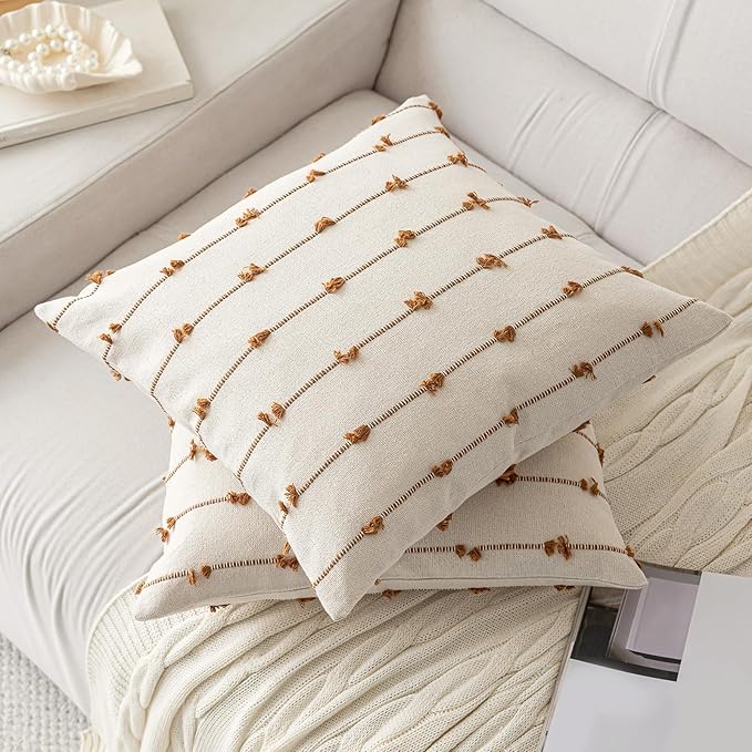 Boho Throw Pillow Covers 18x18 Set of 2 Modern Farmhouse Decorative Cushion Case Tufted Square Pillows Cover Neutral Pillow Cases Accent Pillowcase for Sofa,Couch,Bed,Beige and Brown