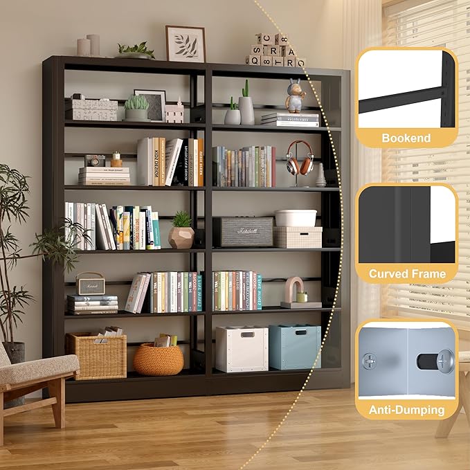 5-Tier Bookshelf, Black Bookcase with Adjustable Storage Shelves, Freestanding Bookcases and Bookshelves, Wide Bookshelf for Home Office, Living Room, Bed Room, Including Book Stopper (Black)