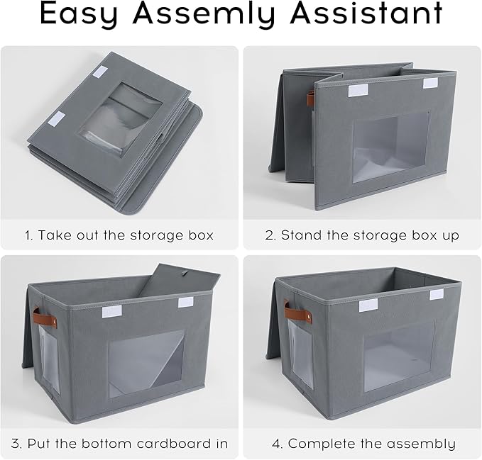 Storage Bins for Clothes, 40L Large Collapsible Stackable Closet Organizer Containers, Storage Boxes with Lids,Storage Cube Basket, Clear Windows & PU Leather Handles, Pack of 3, 17x12x12 Inch