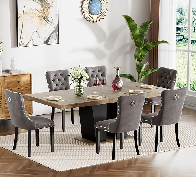 Goujxcy 7-Piece Extendable Dining Table Set for 6-8 People 63-78 Inch Kitchen Table Set with 6 Velvet Upholstered Chairs Farmhouse Rectangular Dining Room Table Set for Kitchen Dining Room Apartment