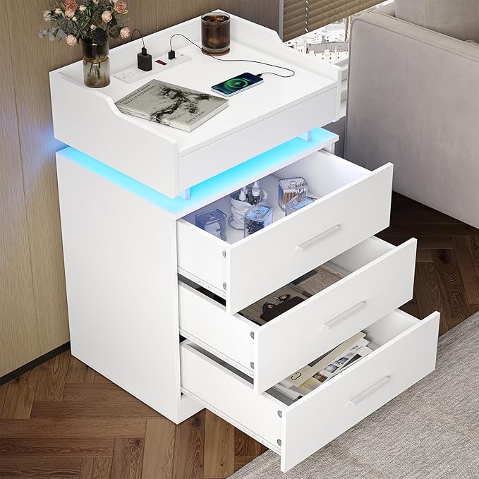 Large Nightstand with Charging Station and LED Lights, White Night Stand with 3 Drawers and 1 Pull-Out Tray, Modern Bedside Table with Outlets, End Table Side Table with Storage