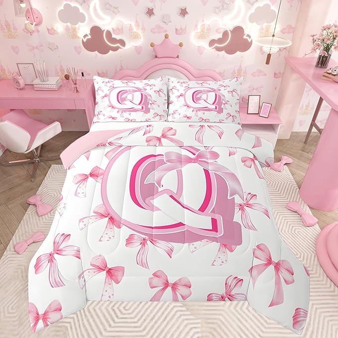 jejeloiu Kids Girls Cute Pink Bow Comforter Set Toddler Size Monogrammed Bedding Set Ultra Soft Personalized Initial Duvet Quilt Coquette Bow Knot Quilt Set Room Decor Modern Fashion Comforter