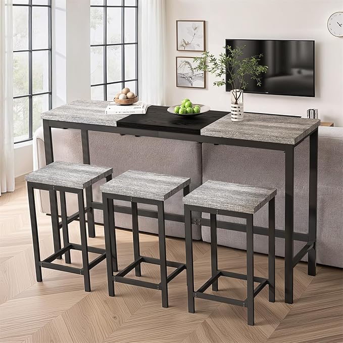Harper & Bright Designs 4-Piece Dining Table Set, 60.2" L Wood Dining Table with 3 Stools and Metal Frame for Kitchen Dining Room, Convenient Hanging Stool Design, Grey+Black
