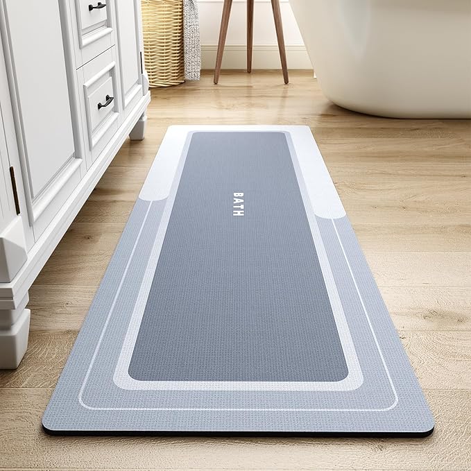 MontVoo-Bath Mat, Long Non Slip Absorbent Stain Resistant Quick Dry Thin Bathroom Rug, 17"x50", Blue