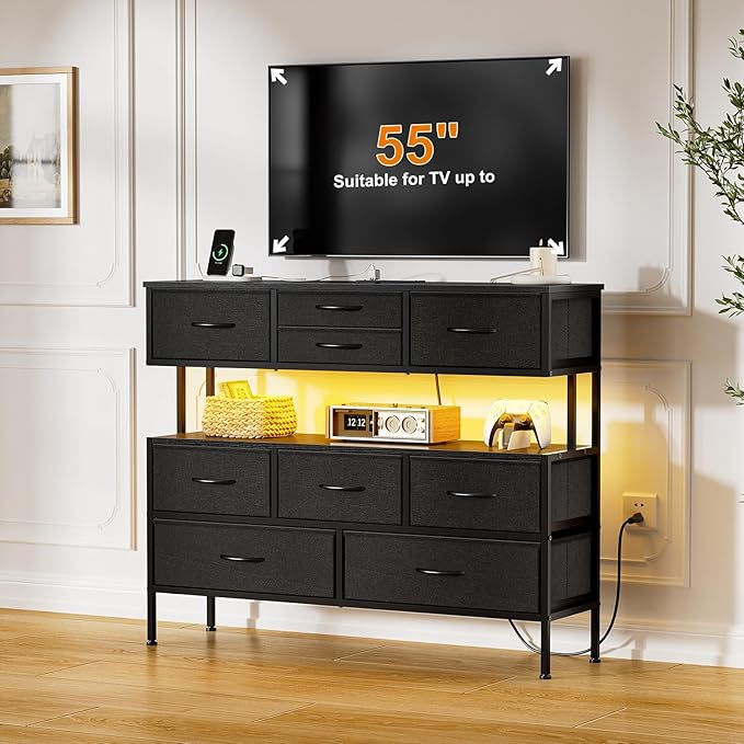 REAHOME Dresser TV Stand with Charging Station and LED Lights, 55” TV Stand Entertainment Center with 9 Drawers, Steel Frame, Large Storage Chest of Drawers for Bedroom, Living Room, Black Gray