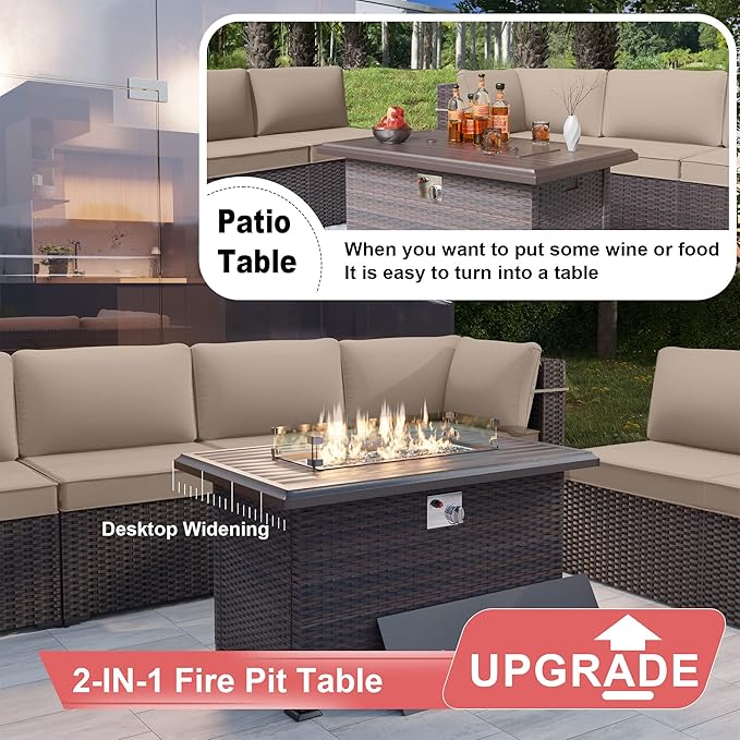 Kurapika 14 Pieces Patio Furniture Set, Rattan Wicker Outdoor Conversation Sets w/43in Propane Fire Pit Table and 4 Inch Cushion(Sand)