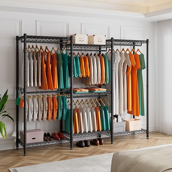 PUNION GR7 Plus Large Portable Closet Wardrobe Heavy Duty Clothes Rack, Freestanding Wardrobe Closet with 5 Hang Rods & 7 Shelves, 2 Hooks, Adjustable Clothing Rack, 86"L x 18”W x 77”H, 1500LBS, Black