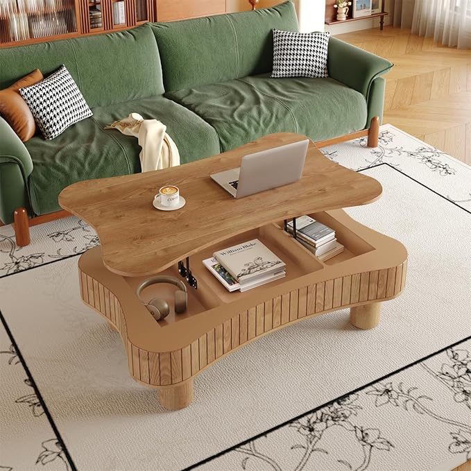 42.5'' Modern Lift Top Coffee Table for Living Room, Solid Wood Center Table, Fluted Panel Design, Storage Compartments, 42.5x27.2 Inch Surface, Hydraulic Lift Mechanism, Easy Assembly (Light Brown)