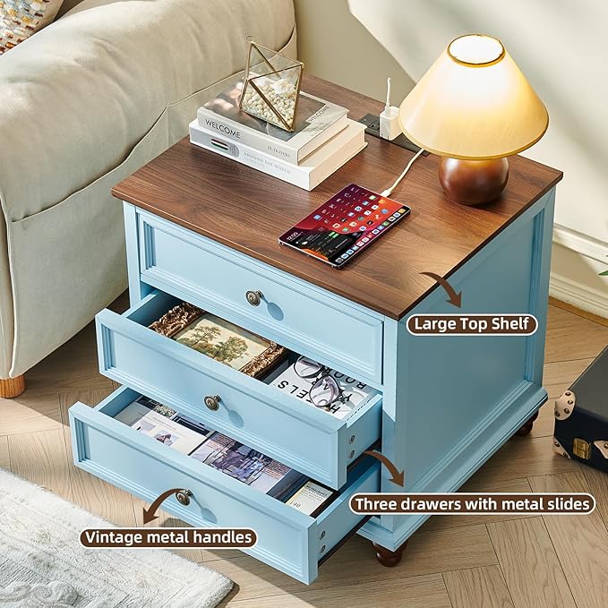 Farmhouse Nightstand with Charging Station, 24" Wide End Table with 3 Drawers,Light Blue Wood Dresser for Bedroom, Bed Side Table Chest of Drawers Cabinet,Night Stand for Living Room, Closet