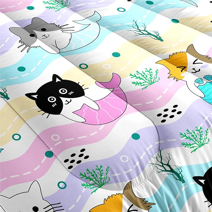 Cartoon Cat Comforter Set for Girls - Full Size Girls Bedding Set for Bedroom - Ultra Soft Warm Cute Mermaid Tail Cat Patterns - 1 Comforter with 2 Pillowcases
