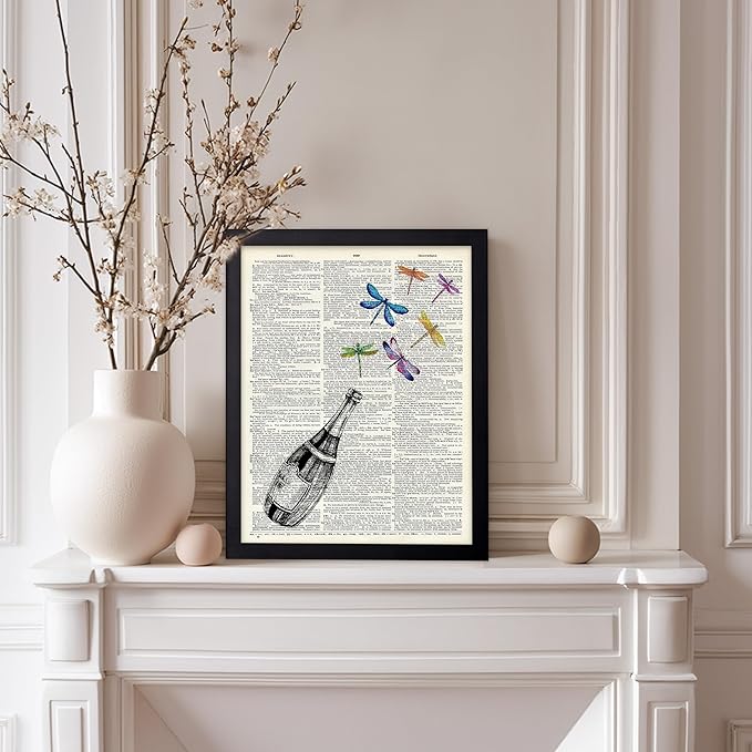 Poster Master Dictionary Art Poster - Champagne Bottle Print - Dragonfly Art - Alcohol Art - Gift for Men, Women & Bartender - Great Decor for Bar, Kitchen or Restaurant, 11x14 Black Framed