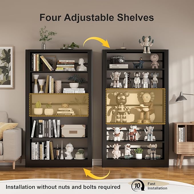 69" Bookshelf,5-Tier Bookshelf, Large Bookcases and Bookshelves,Taller and Wider Metal Storage Organizer, Sturdy Bookshelf for Living Room,Home Library (Black)