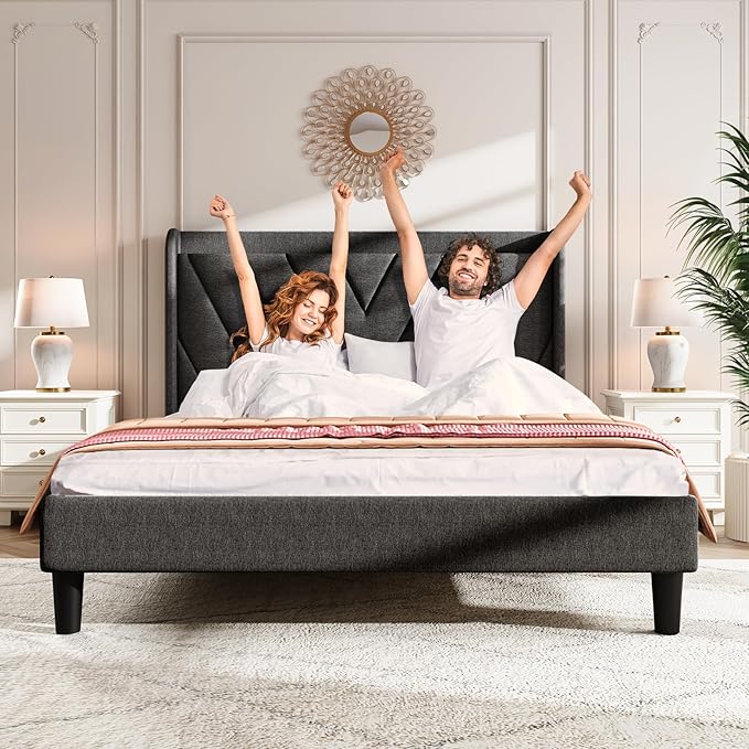 koorlian Full Size Bed Frame, Full Bed Frame with Headboard, Adjustable Upholstered Bed with Type-C&USB Port, Wingback Storage Headboard, Noiseless, No Box Spring Needed, Dark Gray