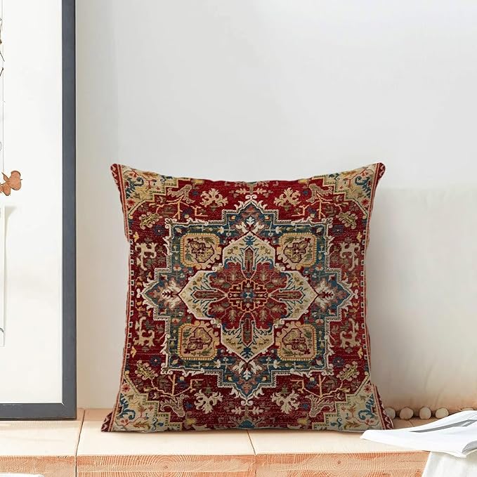 BETGINY Boho Pillow Covers 20 x 20 Inch Pack of 2, Burgundy Red Bohemian Rug Carpet Pattern Decorative Throw Pillow Cases Outdoor Linen Farmhouse Cushion Cover for Bedroom Home Sofa Decor
