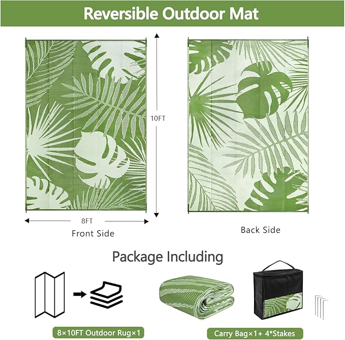 Waterproof Outdoor Rug 9x12 ft, Reversible Plastic Straw Mat with Leaf Pattern, Large Floor Mat for Patio, Camping, Picnic, Backyard RV, Deck, Light Green