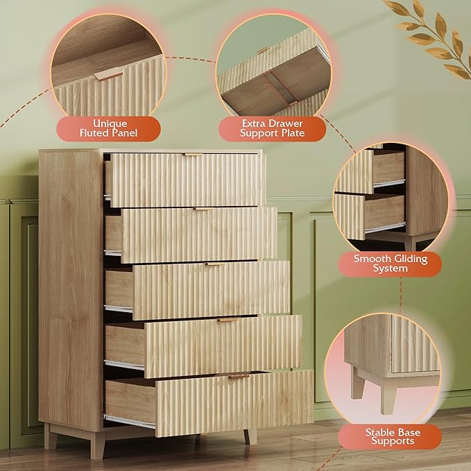 WLIVE Fluted Dresser for Bedroom with 5 Drawers, 46.26" Tall Wood Dresser with Golden Metal Handles, Mid Century Modern Chest of Drawers for Living Room, Hallway, Closet, Natural Oak