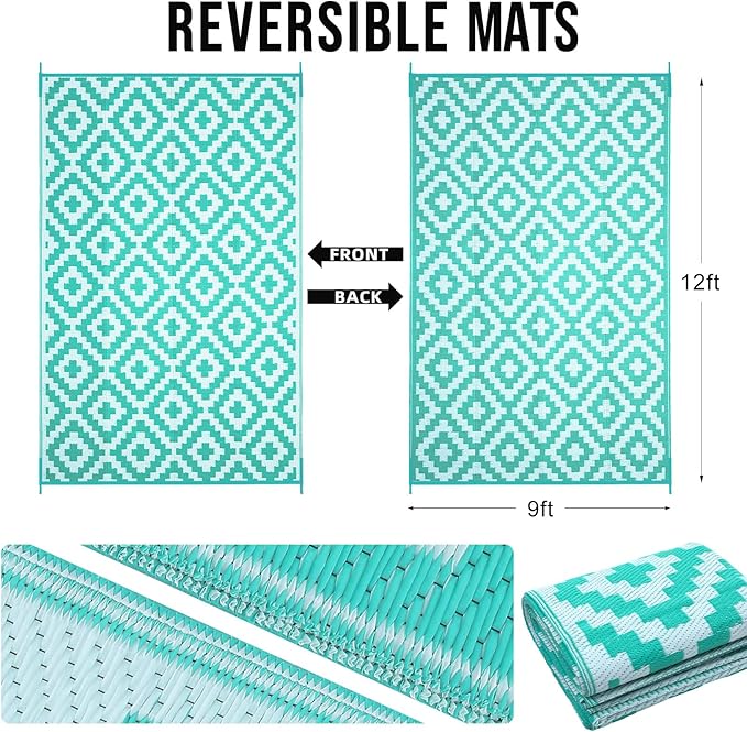 OLANLY Waterproof Outdoor Rug 9x12 ft, Outdoor Plastic Straw Rug for Camping, RV Mat Outside, Outdoor Carpet for Porch, Deck, Backyard, Balcony, Picnic, Turquoise & White