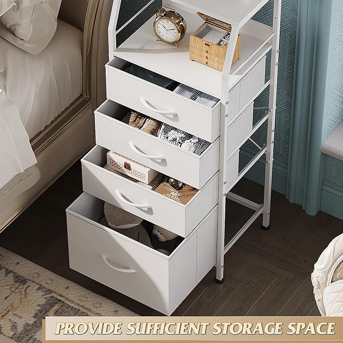 WLIVE Tall Nightstand with 4 Fabric Drawers & Open Shelf, White Bedside Table for Bedroom, Modern Tall Dresser